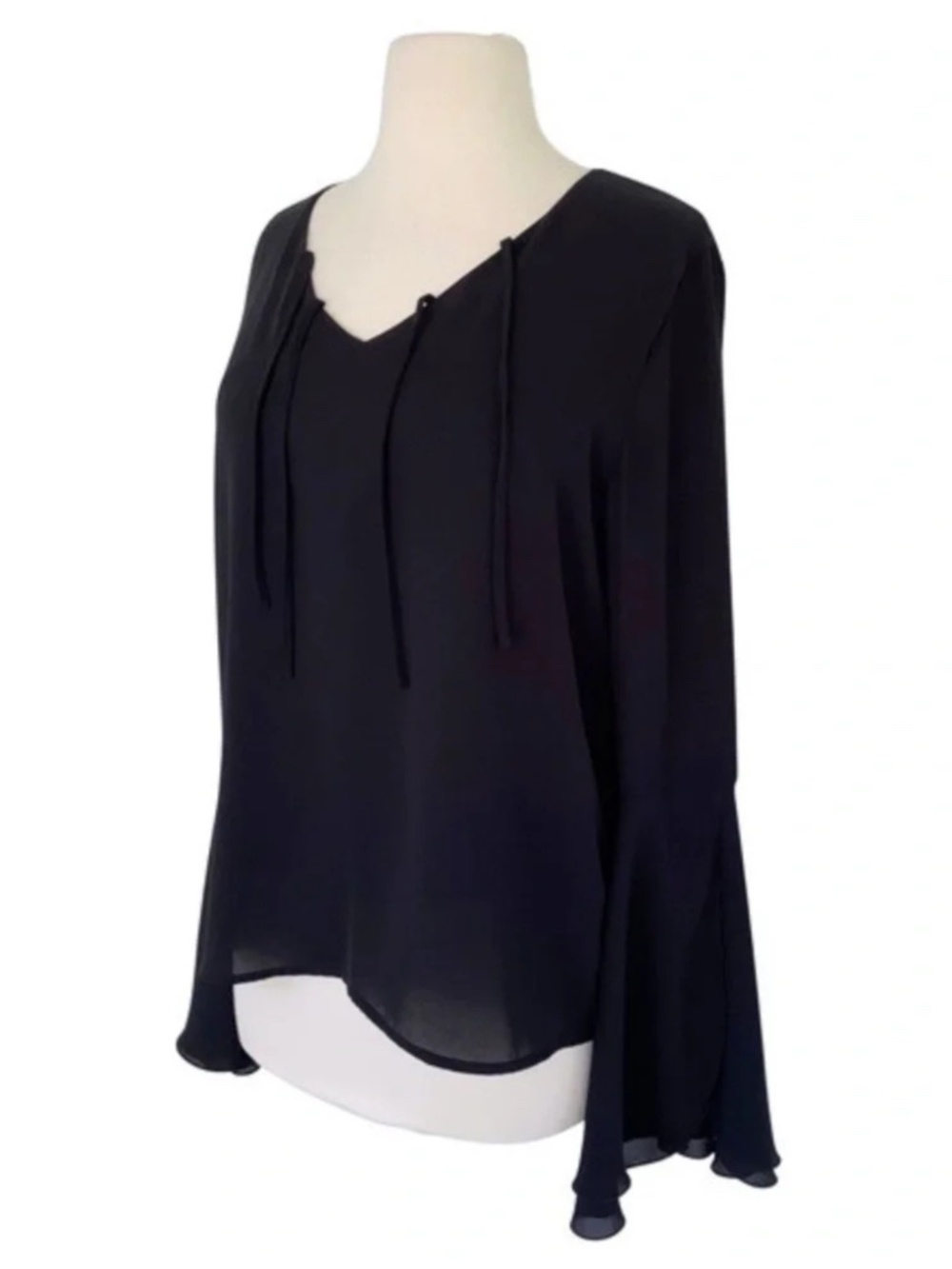 (13) Carmen Marc Valvo V Neck Split Bell Sleeve Blouse Black Medium - Picture 8 of 11